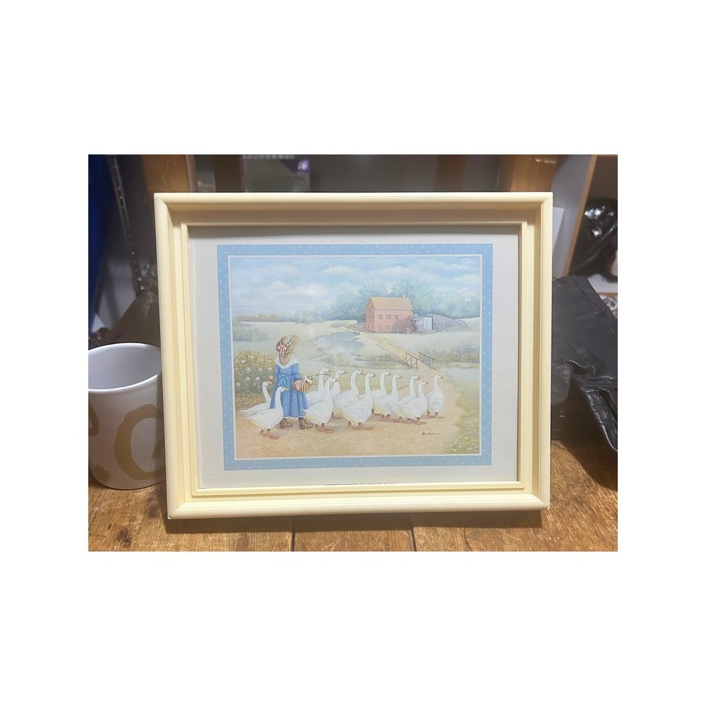 Dawna Barton Girl With Ducks Print Framed Vintage Farmhouse Art Decor 90s Pastel